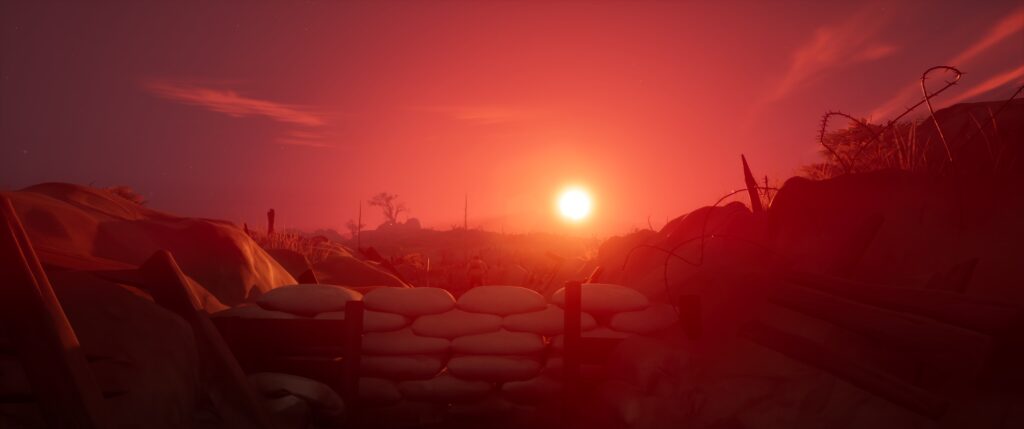 image d'un coucher de soleil très rouge sur le camp et les tranchées